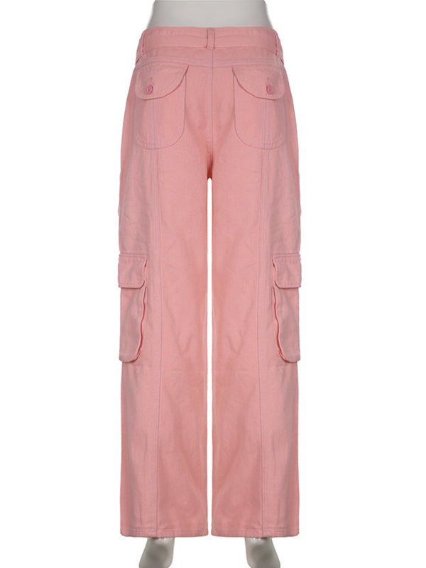 Denim Style Trousers - Multi-pocket Low Waist Loose Fitting