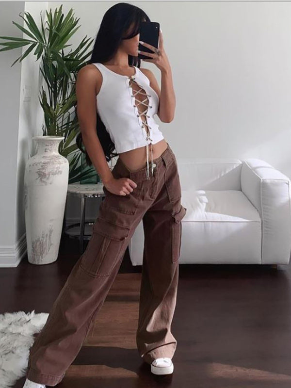 Women’s Panneled Trendy Low Waisted Cargo Pants With Pockets