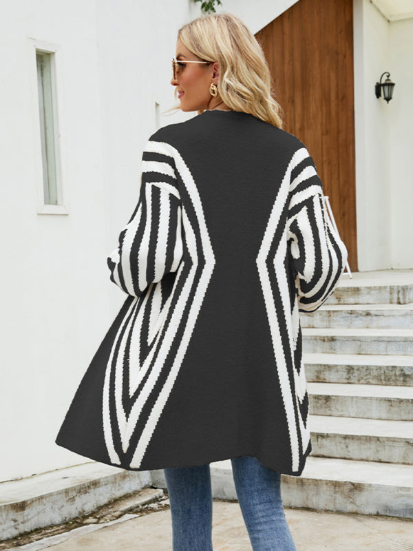 Cardigans - Diamond Stripe Print Long Knit