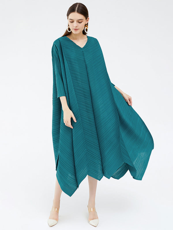Women’s Three Quarter Length Sleeves Pullover Style Luster A Line Midi Dress