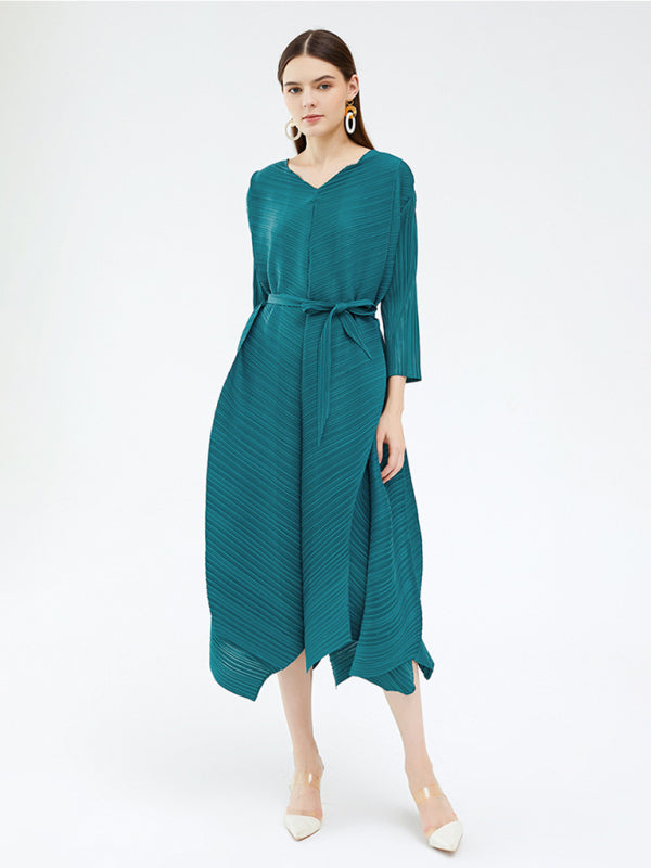 Women’s Three Quarter Length Sleeves Pullover Style Luster A Line Midi Dress