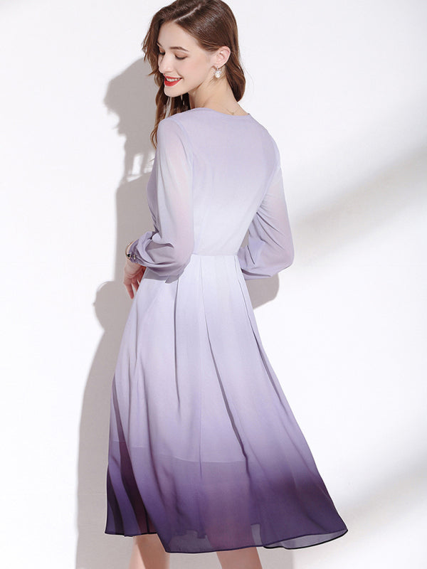 Women’s Pleated V Neck Long Sleeve Midi Faux Wrap Silhouette Dress
