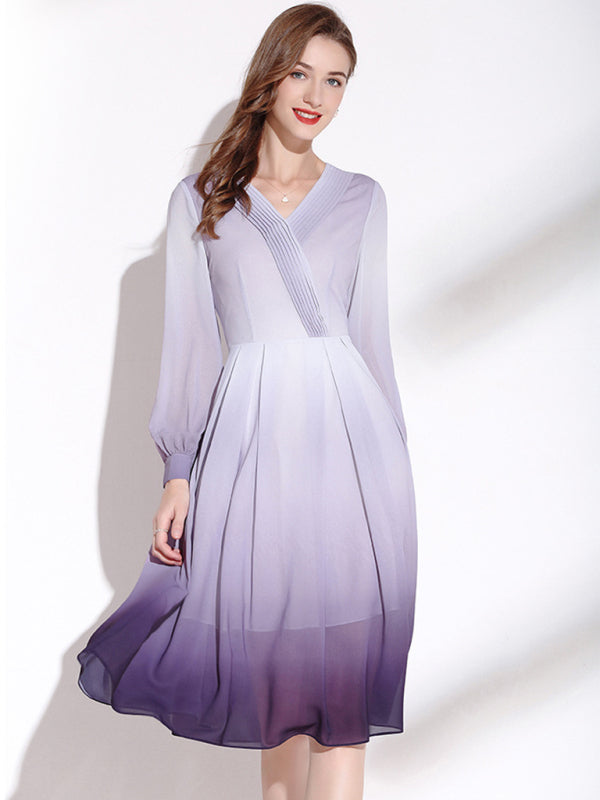 Women’s Pleated V Neck Long Sleeve Midi Faux Wrap Silhouette Dress