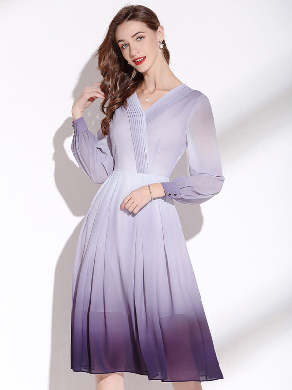 Women’s Pleated V Neck Long Sleeve Midi Faux Wrap Silhouette Dress