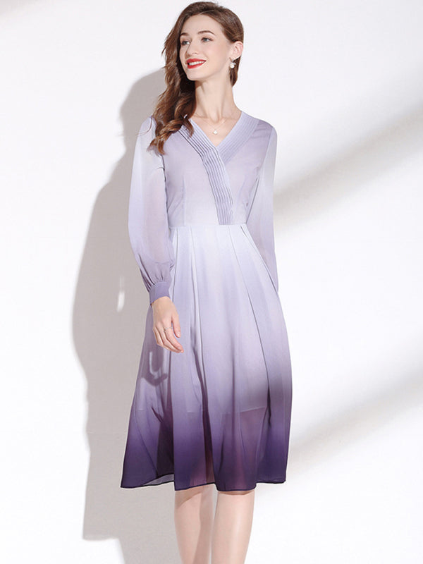 Women’s Pleated V Neck Long Sleeve Midi Faux Wrap Silhouette Dress