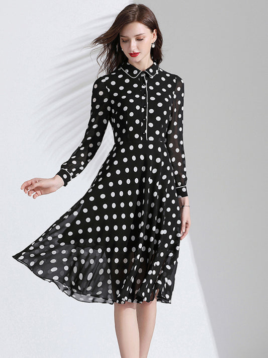 Women’s Classy Polka Dot Print Button Down Collared Cocktail Dress With Cuffed Sleeves