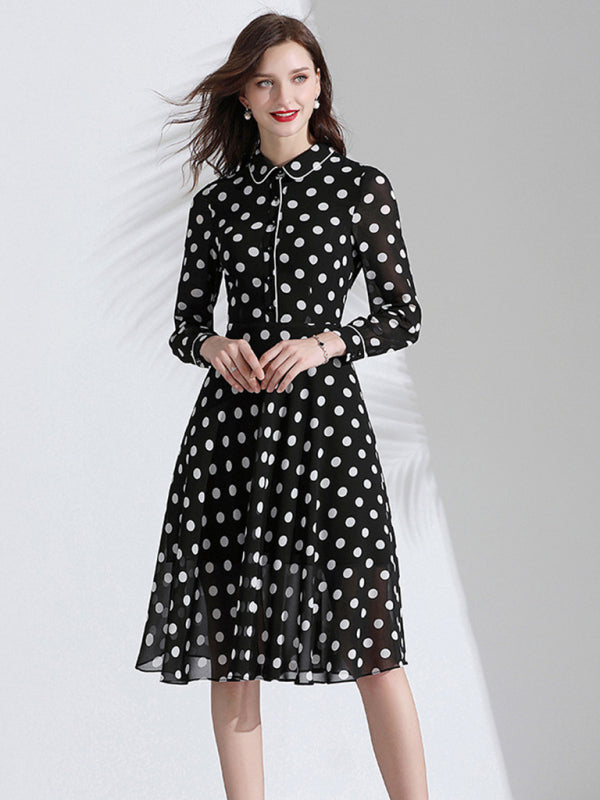 Women’s Classy Polka Dot Print Button Down Collared Cocktail Dress With Cuffed Sleeves