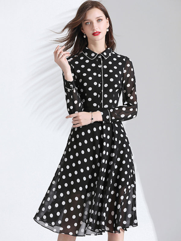 Women’s Classy Polka Dot Print Button Down Collared Cocktail Dress With Cuffed Sleeves