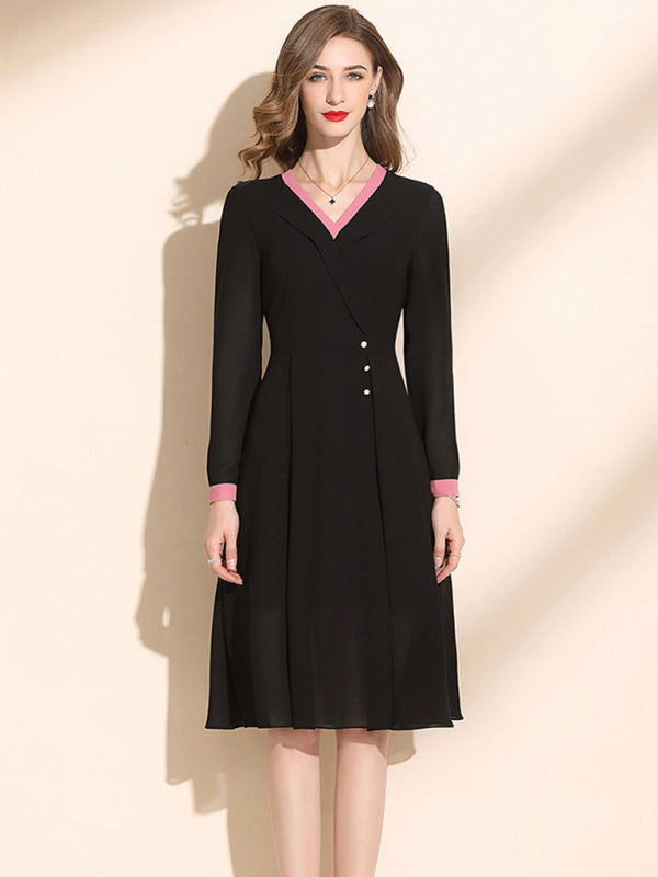 Women’s Long Formal Collared V Neck Dress With Cuffed Sleeves