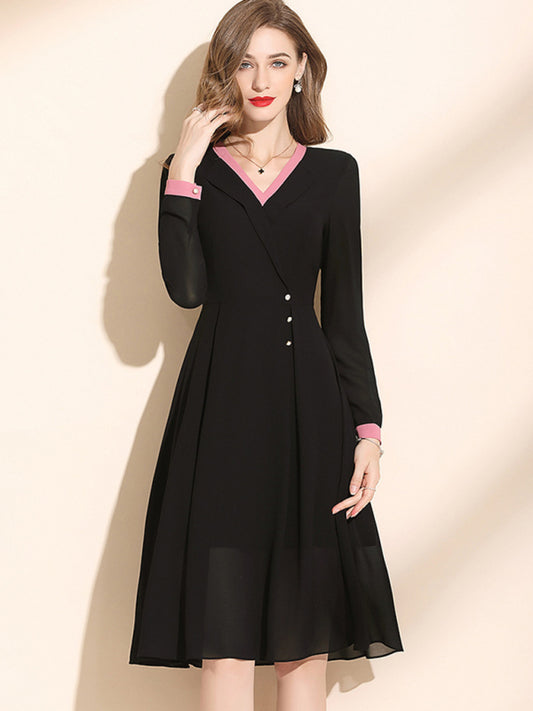 Women’s Long Formal Collared V Neck Dress With Cuffed Sleeves