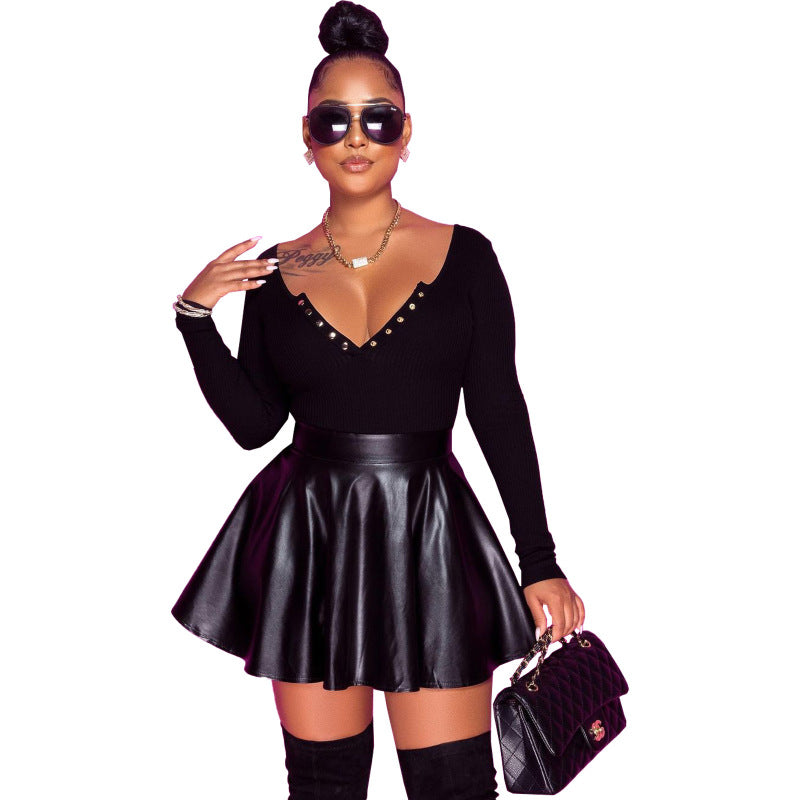 Chic Solid Color PU Leather Swing Women's Mini Skirt