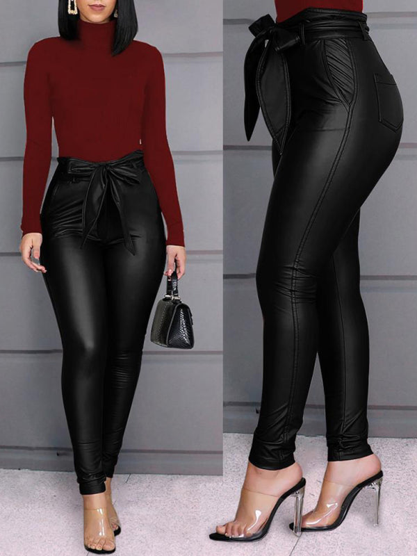 High Waist Faux Leather Pants with Strap Belt