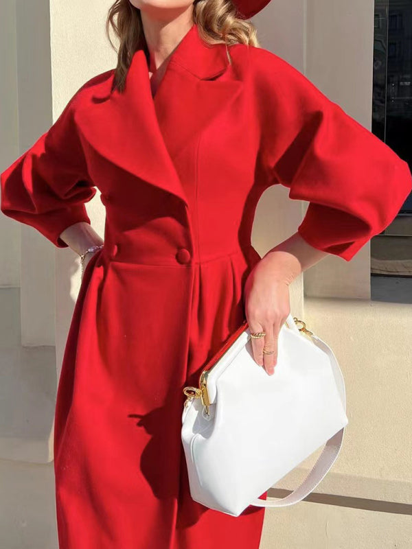 Long Statement Overcoat - Pleated Waist & Lantern Sleeves