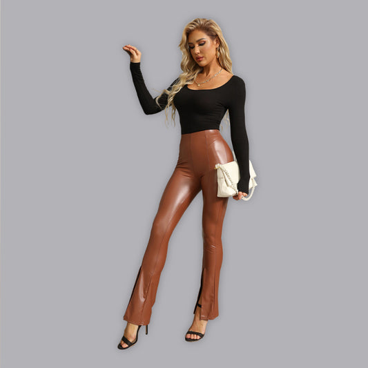 Pull-on Style High Rise Faux Leather Pants With Slits