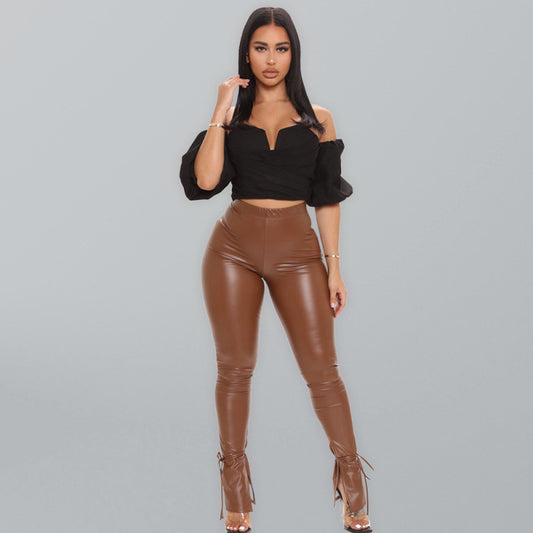 Leather Pants With Adjustable Suspender Straps And Slit