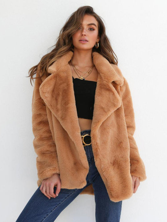 Fur Coat - Solid Color Shawl Collar Faux