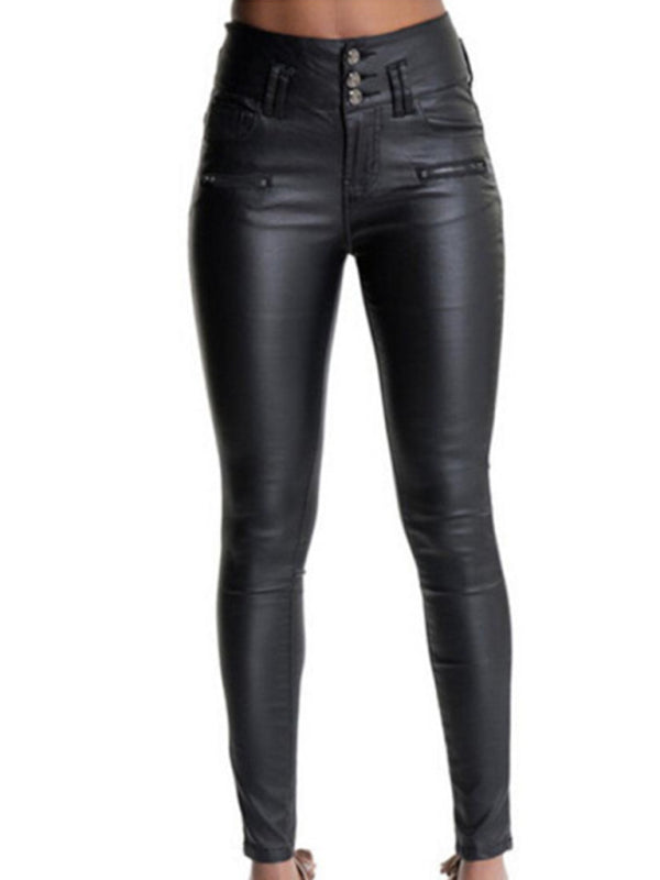 Leather Exposed Button Closures At Front Belt Loops High Rise Skinny Pants