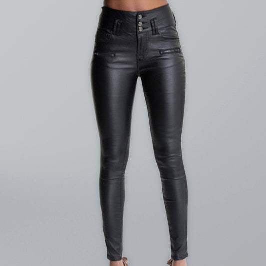 Leather Exposed Button Closures At Front Belt Loops High Rise Skinny Pants