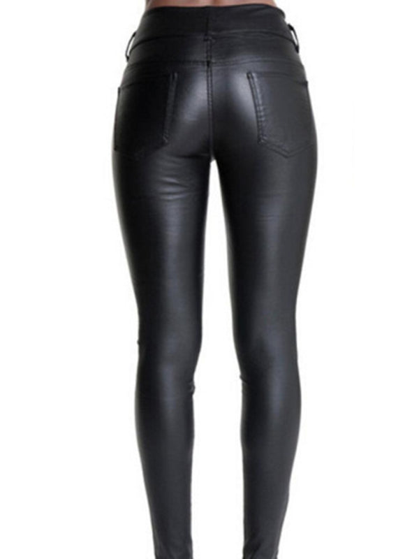 Leather Exposed Button Closures At Front Belt Loops High Rise Skinny Pants