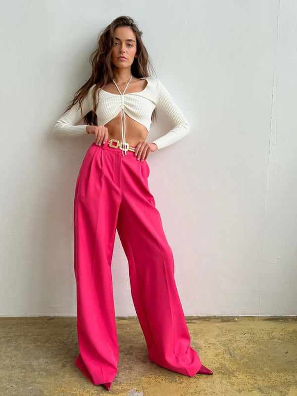 Women’s Wide Leg Solid Color Loose Fit Business Casual Trousers