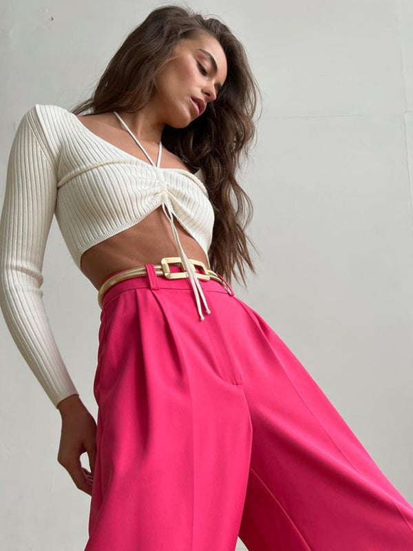 Women’s Wide Leg Solid Color Loose Fit Business Casual Trousers