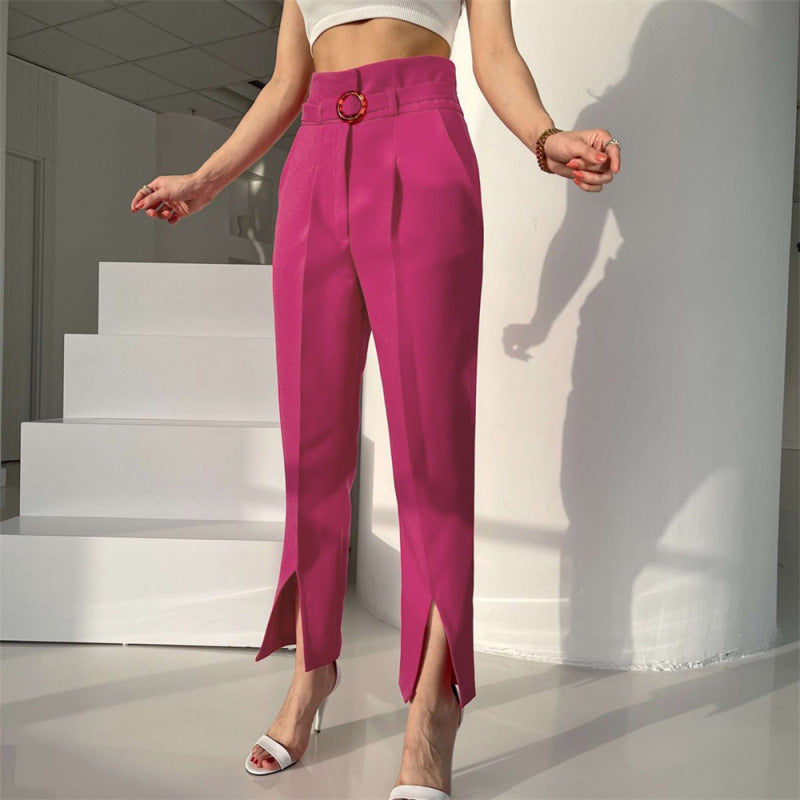 Women’s Dramatic Front Pleated Solid Color High Cut Trousers With Stylish Belt