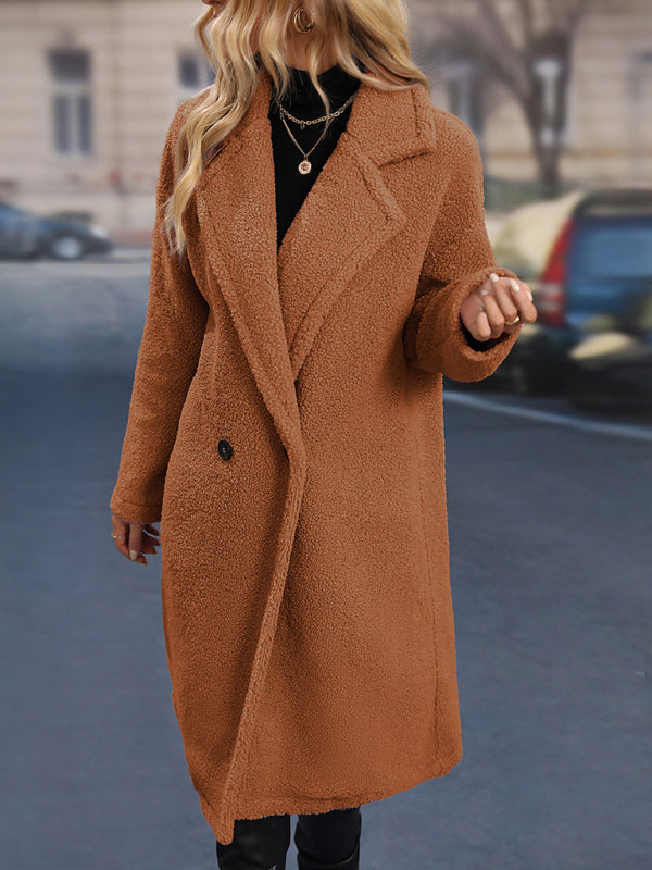 Teddy Bear Faux Fur Coat - Solid Colour Double-breasted Button Closure