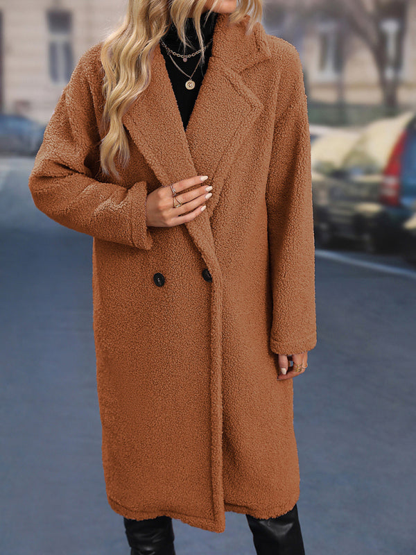 Teddy Bear Faux Fur Coat - Solid Colour Double-breasted Button Closure