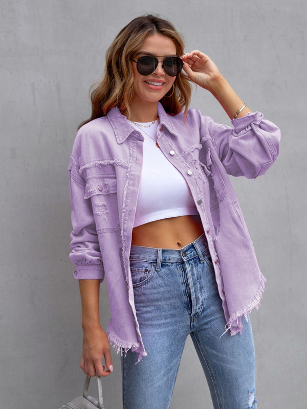 Denim Jacket Solid Color Distressed iroirogifts