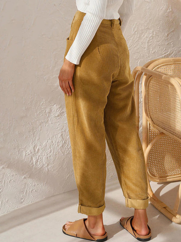 High Waist Lounge Pants Solid Color Corduroy Loose Straight Leg Trousers