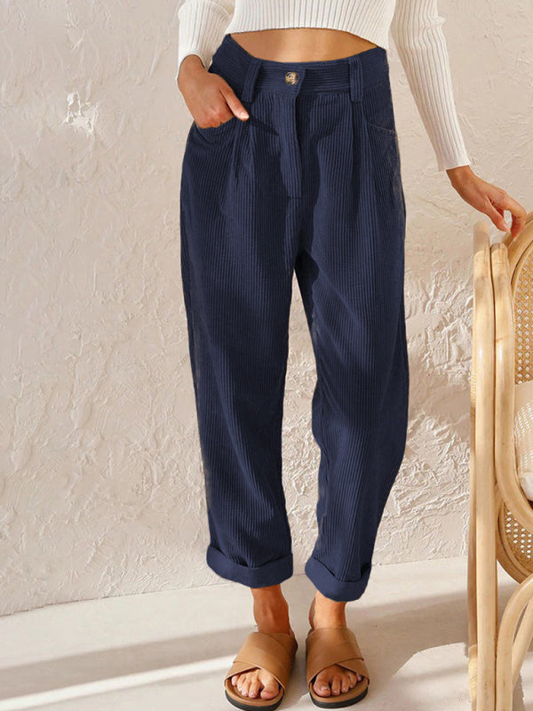 High Waist Lounge Pants Solid Color Corduroy Loose Straight Leg Trousers