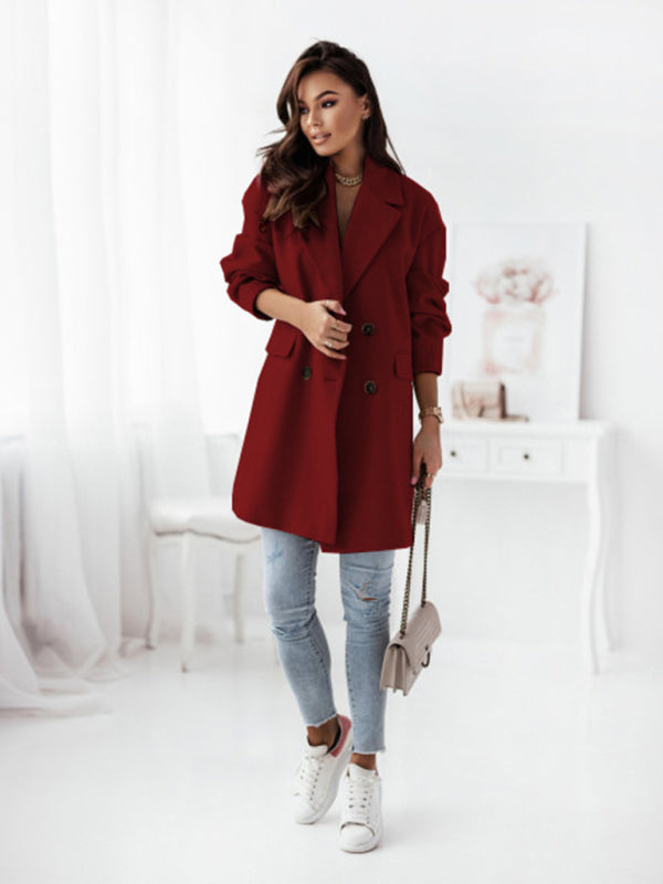 Wool Coat - Double-breasted Solid Colour