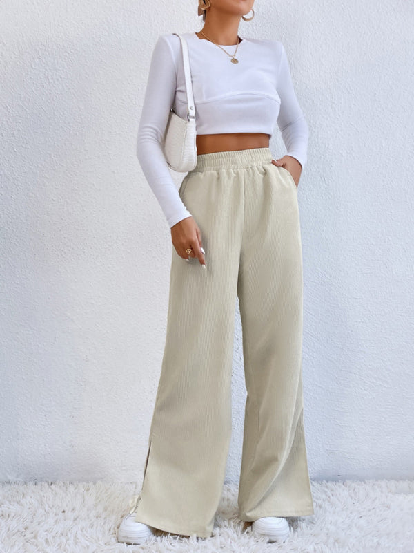 Women's Solid Color Elastic Waistband Corduroy Wide Leg Slit Trousers
