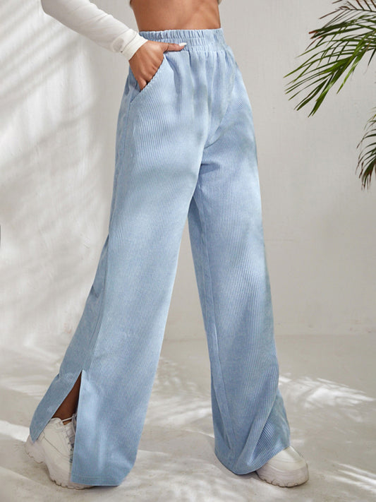 Women's Solid Color Elastic Waistband Corduroy Wide Leg Slit Trousers