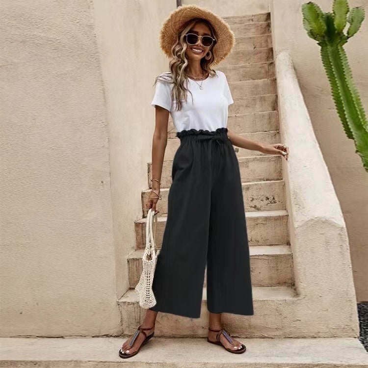 Women's Solid Color Elastic Waist Linen Belted Wide Leg Pants