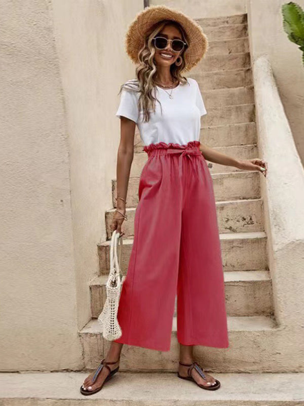 Women's Solid Color Elastic Waist Linen Belted Wide Leg Pants