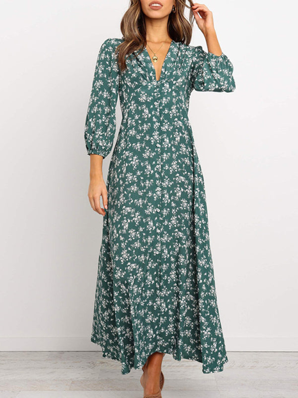 Women's Floral Printed V-neck Puffed Sleeves Maxi Dress