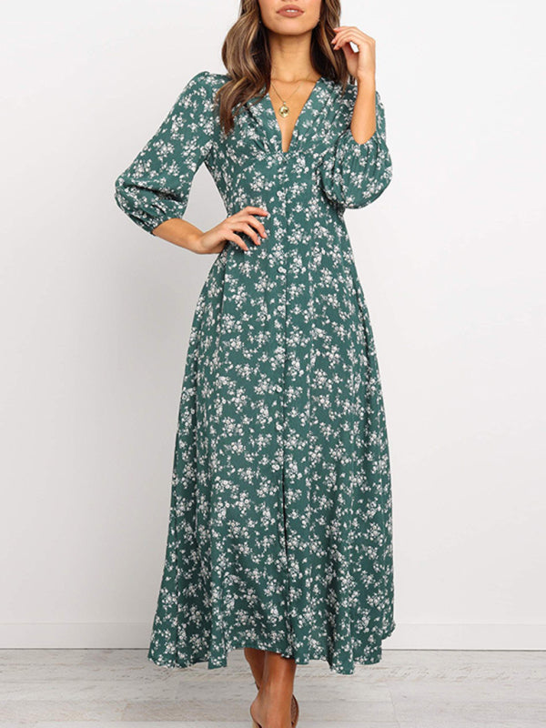Women's Floral Printed V-neck Puffed Sleeves Maxi Dress