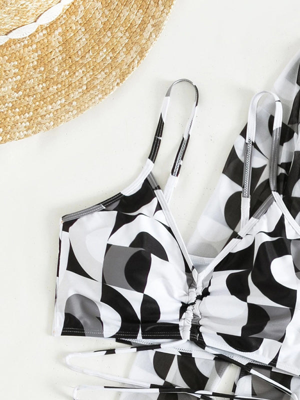 Bikini - Split three-piece High Waist Long-sleeved Blouse Drawstring