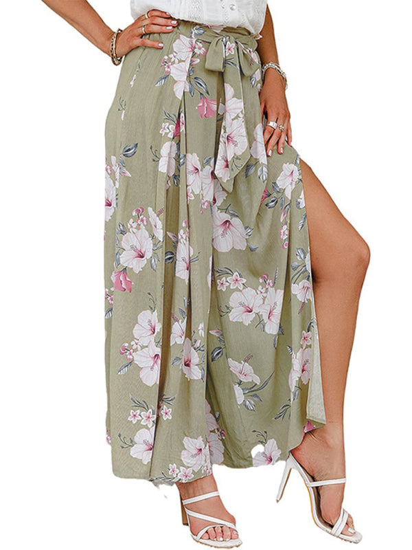 Spring and summer new loose high waist printed bowknot pleated wide-leg pants for women