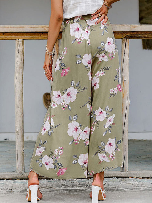Spring and summer new loose high waist printed bowknot pleated wide-leg pants for women