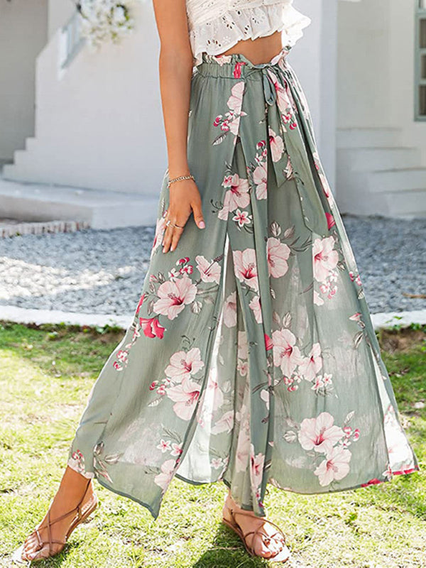 Spring and summer new loose high waist printed bowknot pleated wide-leg pants for women