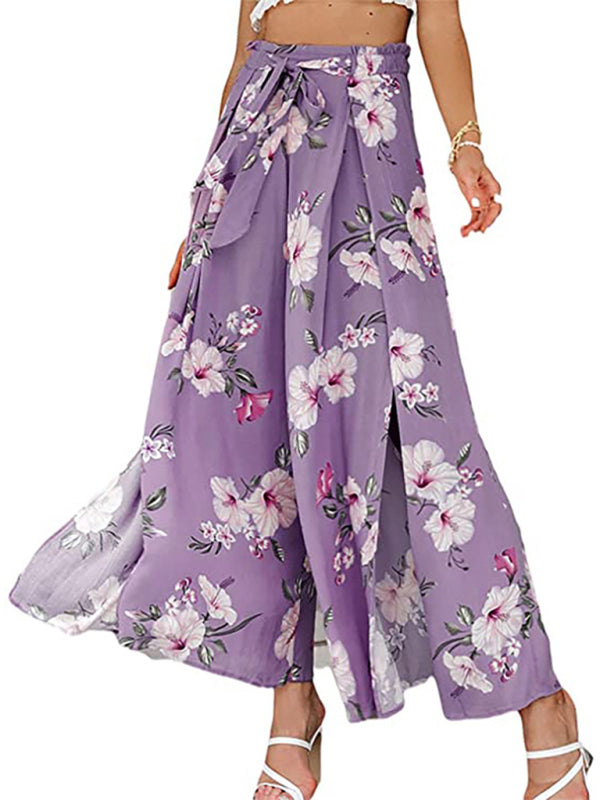 Spring and summer new loose high waist printed bowknot pleated wide-leg pants for women