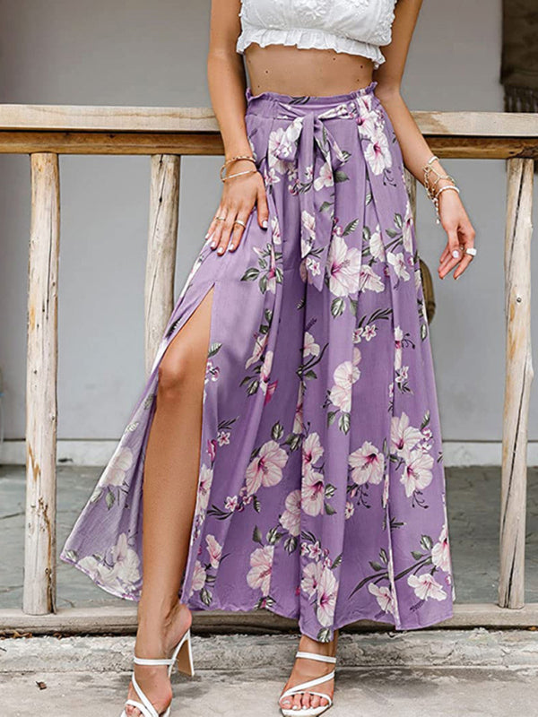 Spring and summer new loose high waist printed bowknot pleated wide-leg pants for women