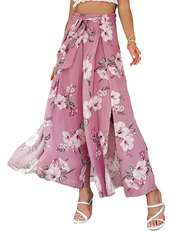 Spring and summer new loose high waist printed bowknot pleated wide-leg pants for women