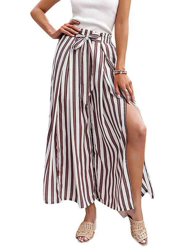 Spring and summer new loose high waist printed bowknot pleated wide-leg pants for women