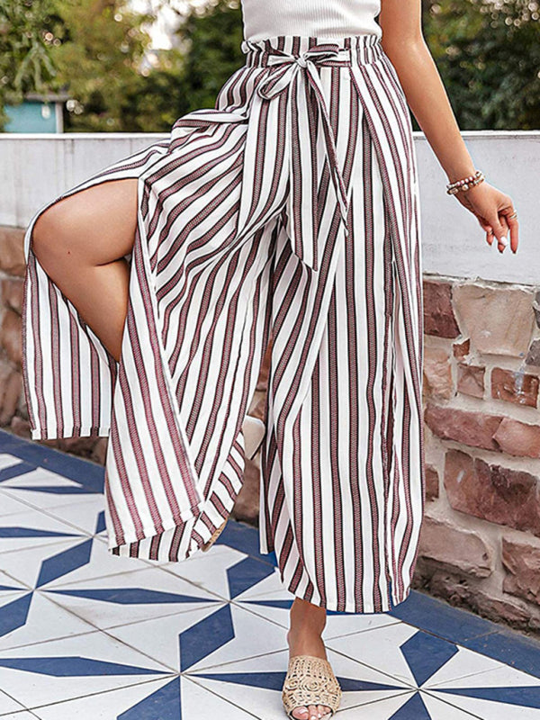 Spring and summer new loose high waist printed bowknot pleated wide-leg pants for women