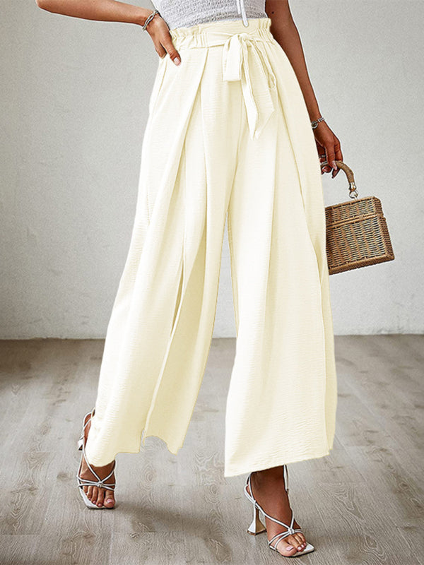 New bow loose high waist pleated wide leg pants with belt pants