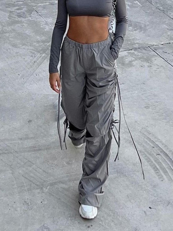 Women's Solid Color Wide Leg Drawstring Cargo Pants