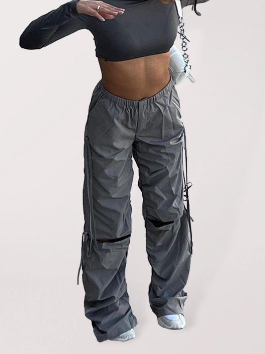Women's Solid Color Wide Leg Drawstring Cargo Pants